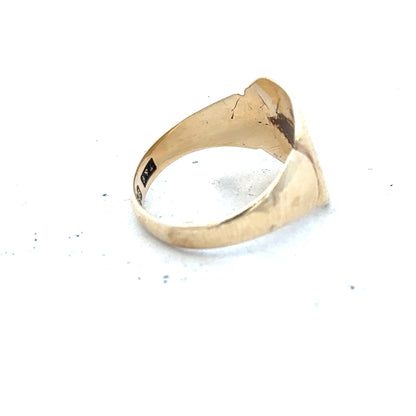 9ct yellow gold signet ring in size J with a smooth polished surface, unbranded jewelry item.