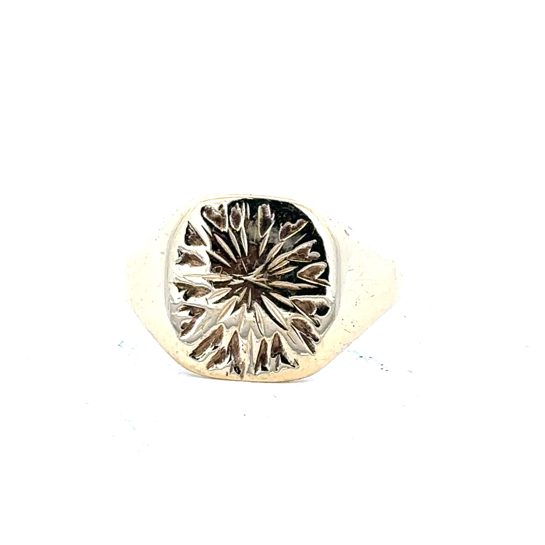 9ct yellow gold signet ring in size S, unbranded, with smooth polished surface and classic design, shown from a front view.