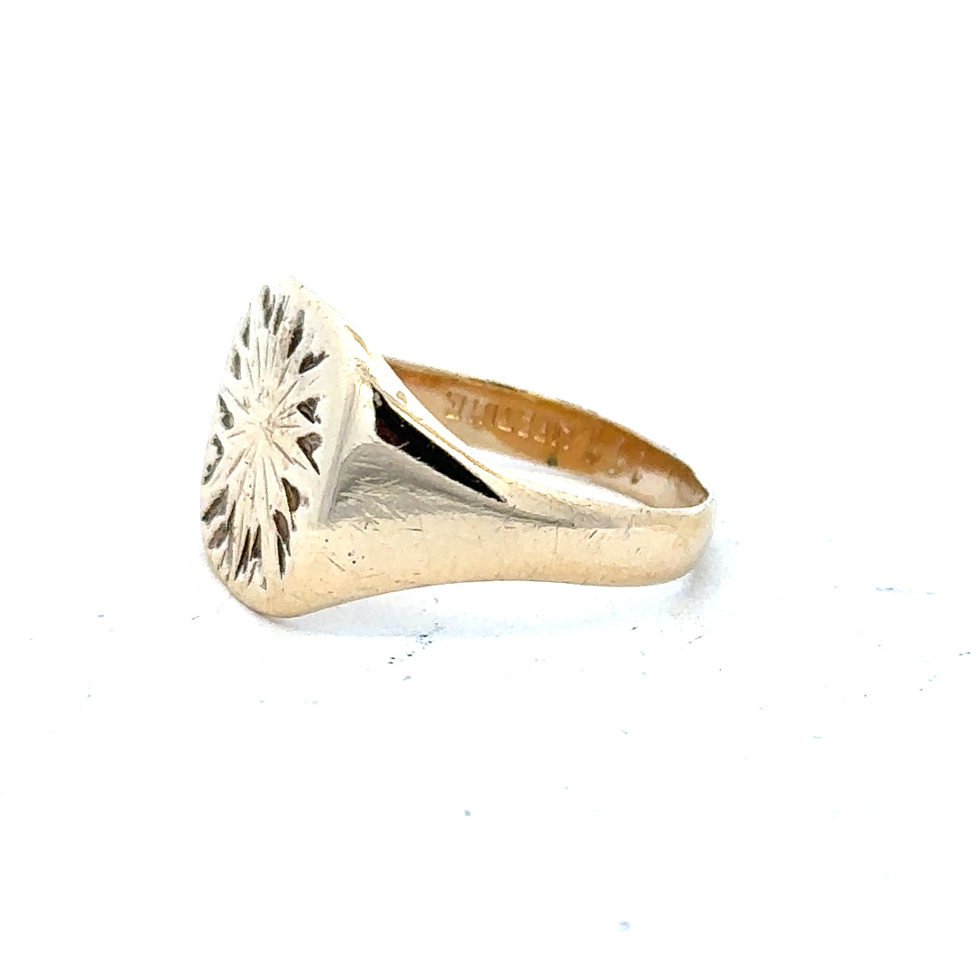 9ct yellow gold signet ring in size S with a smooth polished surface, unbranded with a classic design.