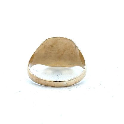 9ct yellow gold signet ring in size S, unbranded, with a smooth polished surface and classic design.