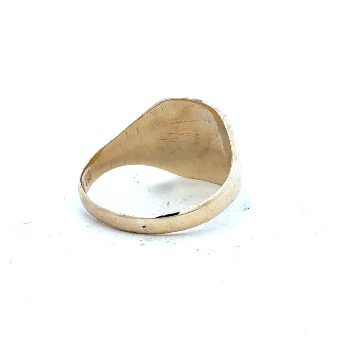 9ct yellow gold signet ring in size S with smooth polished finish, unbranded jewelry piece.