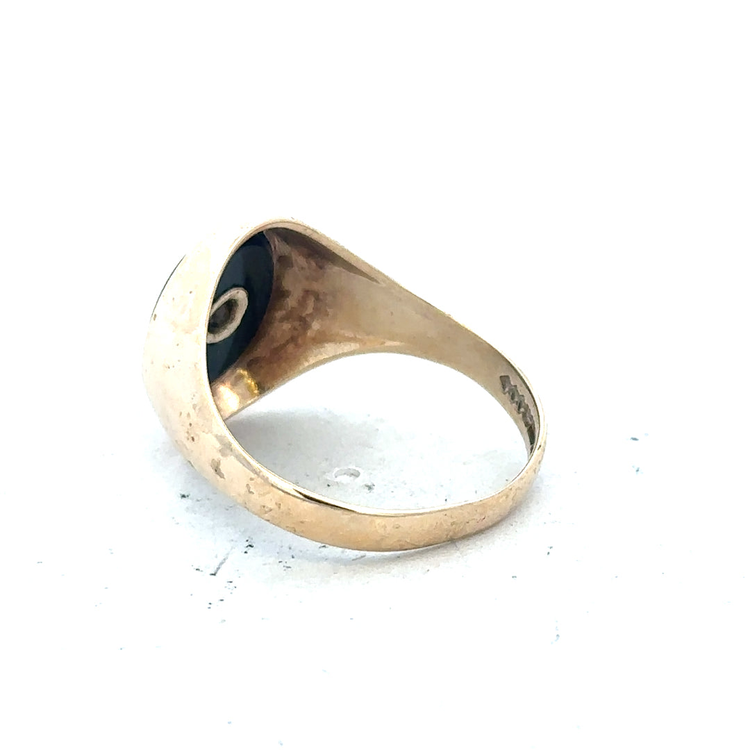 9ct yellow gold signet ring in size T, unbranded, with a smooth polished surface and classic design.