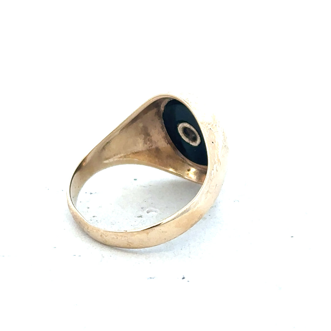 9ct yellow gold signet ring in size T, unbranded, featuring a smooth polished surface and classic rectangular face.