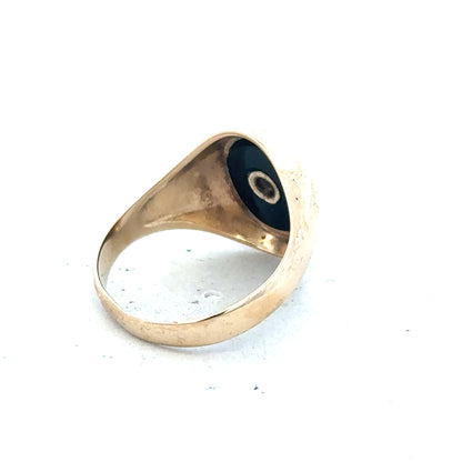 9ct yellow gold signet ring in size T, unbranded, featuring a smooth polished surface and classic rectangular face.