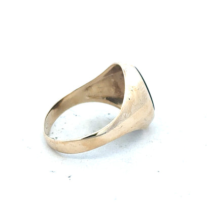 9ct yellow gold signet ring in size T, unbranded, with a smooth polished surface and classic signet style.