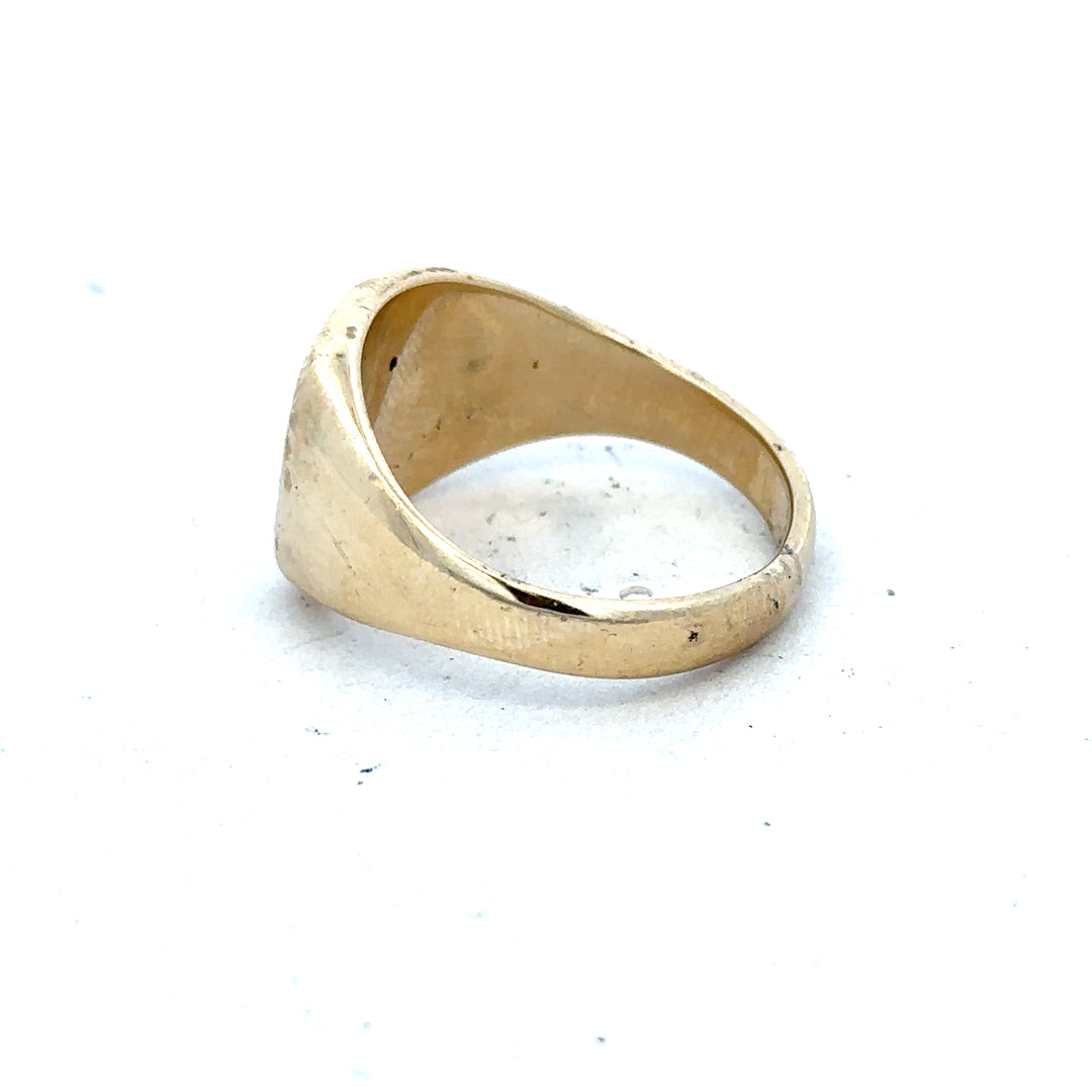 9ct yellow gold signet ring in size T1/2 with a smooth polished finish, unbranded jewelry piece.