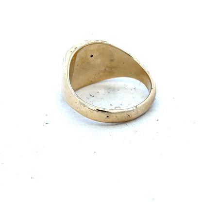 9ct yellow gold signet ring in size T1/2, featuring a smooth polished surface and classic design.