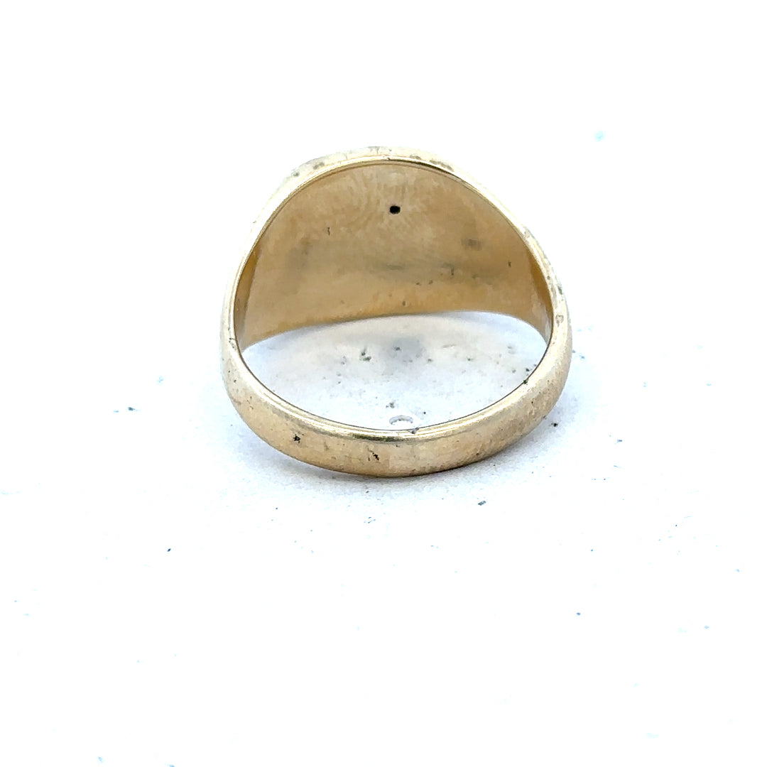 9ct yellow gold signet ring in size T1/2, featuring a classic, polished design with a smooth surface.
