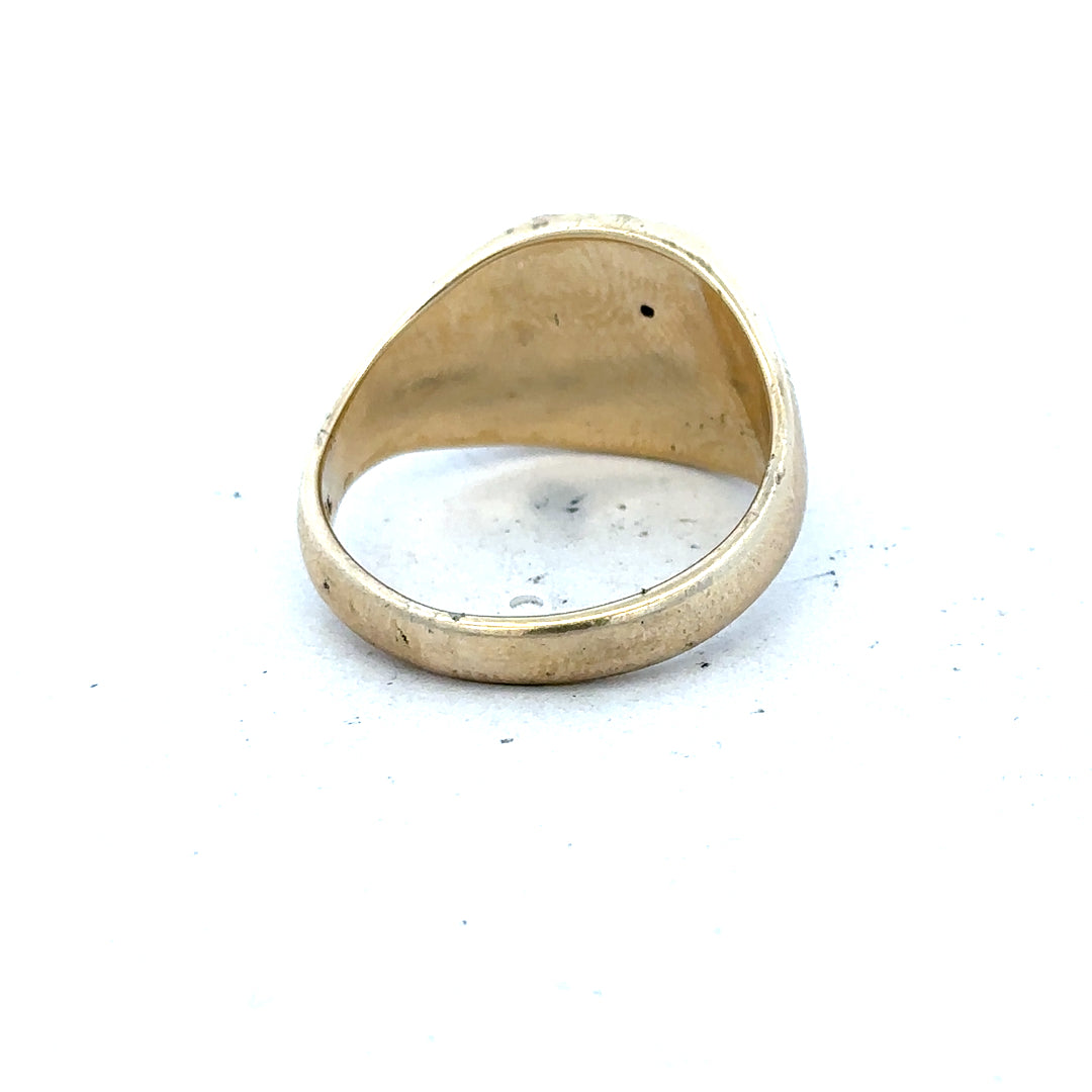 9ct yellow gold signet ring in size T1/2, featuring a smooth polished surface and classic design.