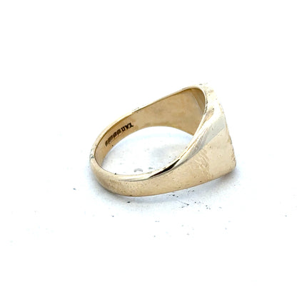 9ct yellow gold signet ring in size T1/2, featuring a smooth polished surface, unbranded jewelry for men or women.