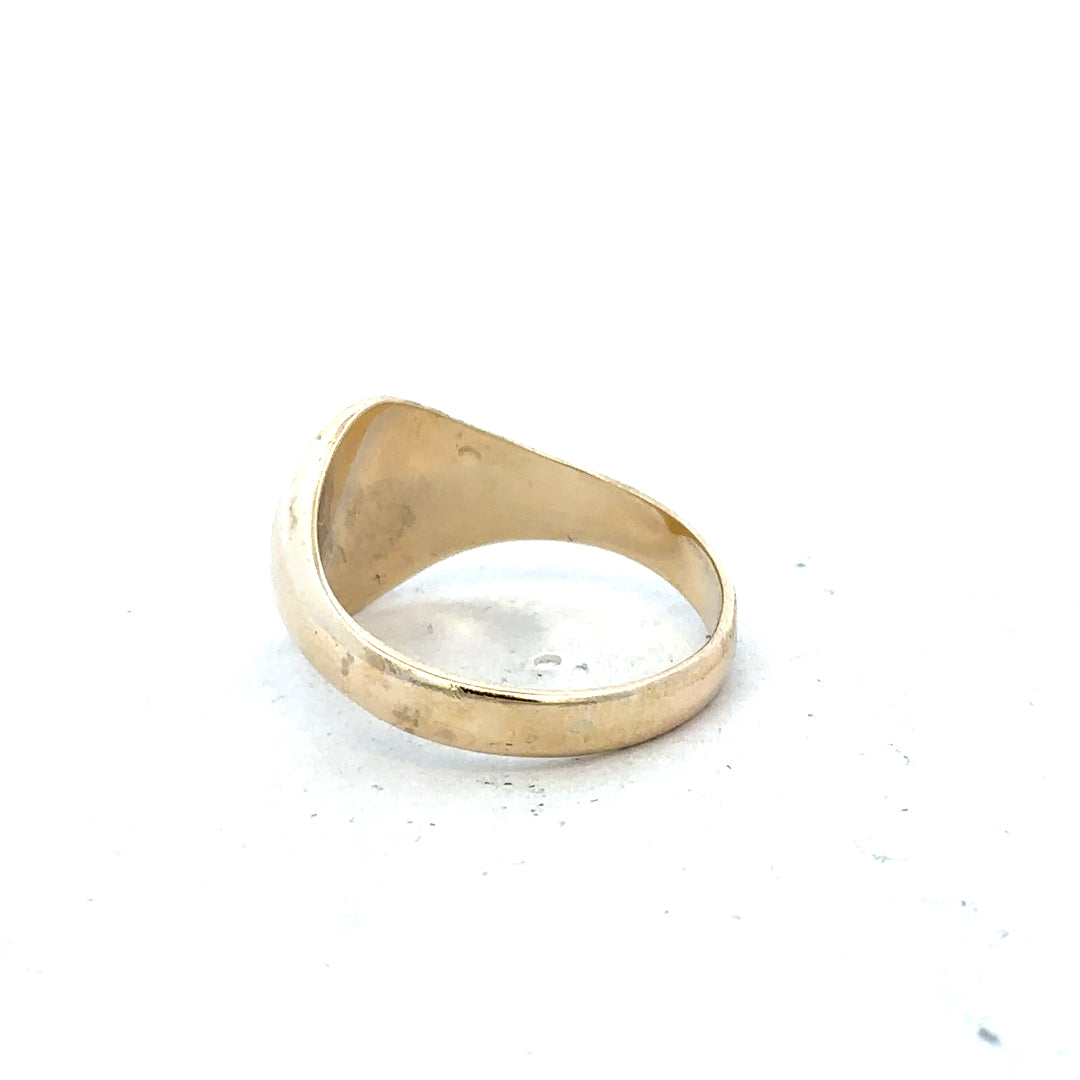 9ct yellow gold signet ring in size X1/2, featuring a smooth polished surface and classic design.