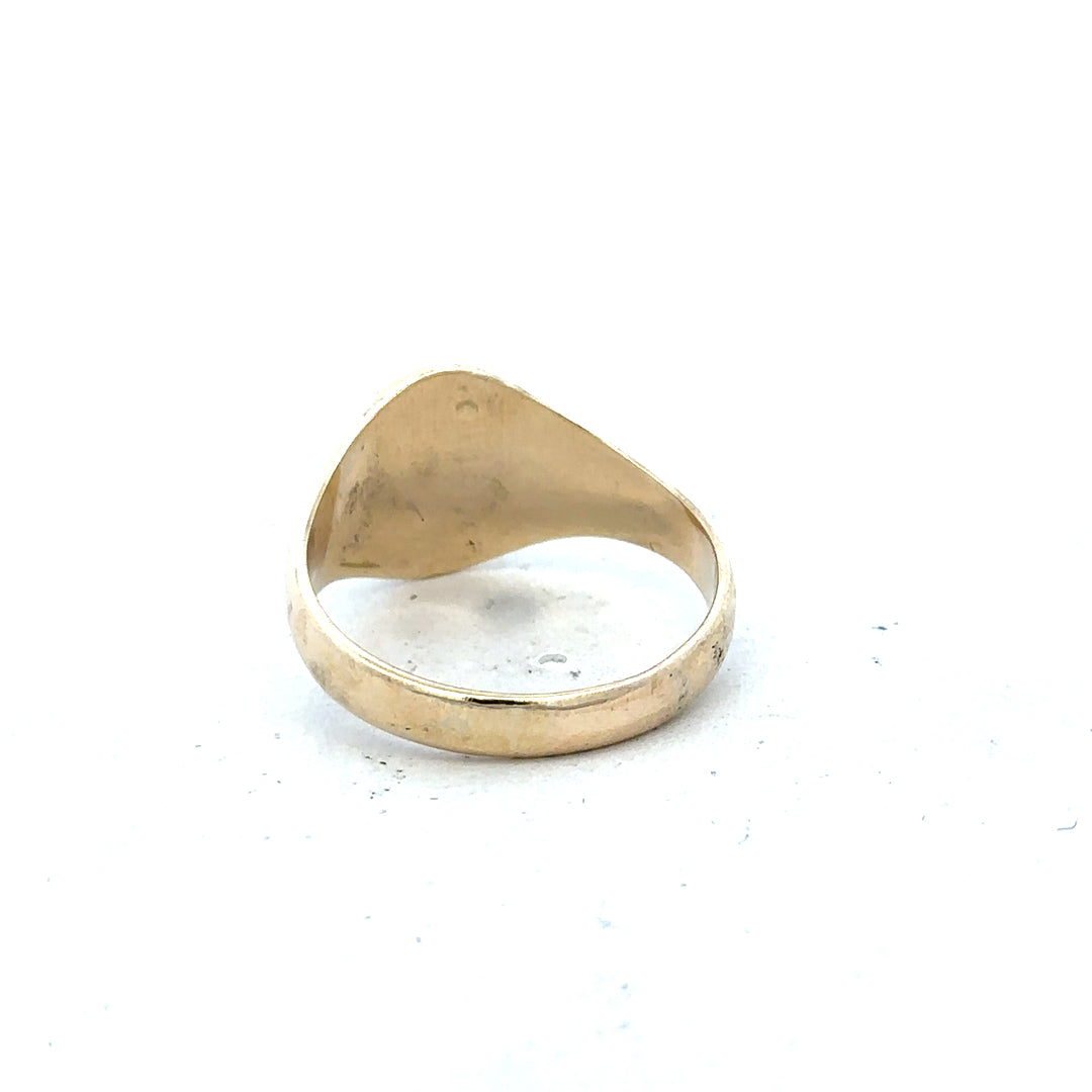 9ct yellow gold signet ring in size X1/2, featuring a smooth, polished surface with a classic design.