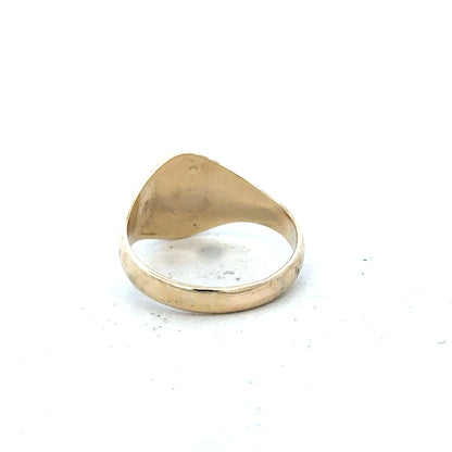9ct yellow gold signet ring in size X1/2, featuring a smooth, polished surface with a classic design.