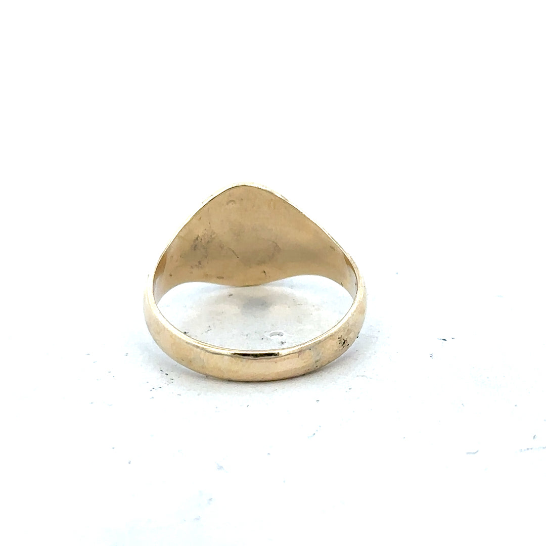 9ct yellow gold signet ring in size X1/2, unbranded, with a polished smooth surface and classic design.
