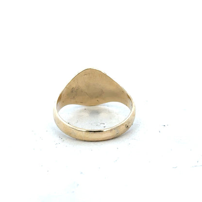 9ct yellow gold signet ring in size X1/2, unbranded, with a polished smooth surface and classic design.