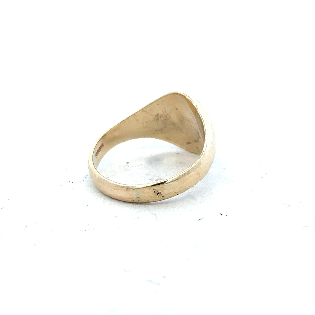9ct yellow gold signet ring in size X1/2 featuring a classic design, displayed on a neutral background.