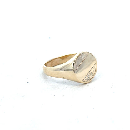 9ct yellow gold signet ring in size X1/2, unbranded, featuring a smooth polished finish and classic signet style.