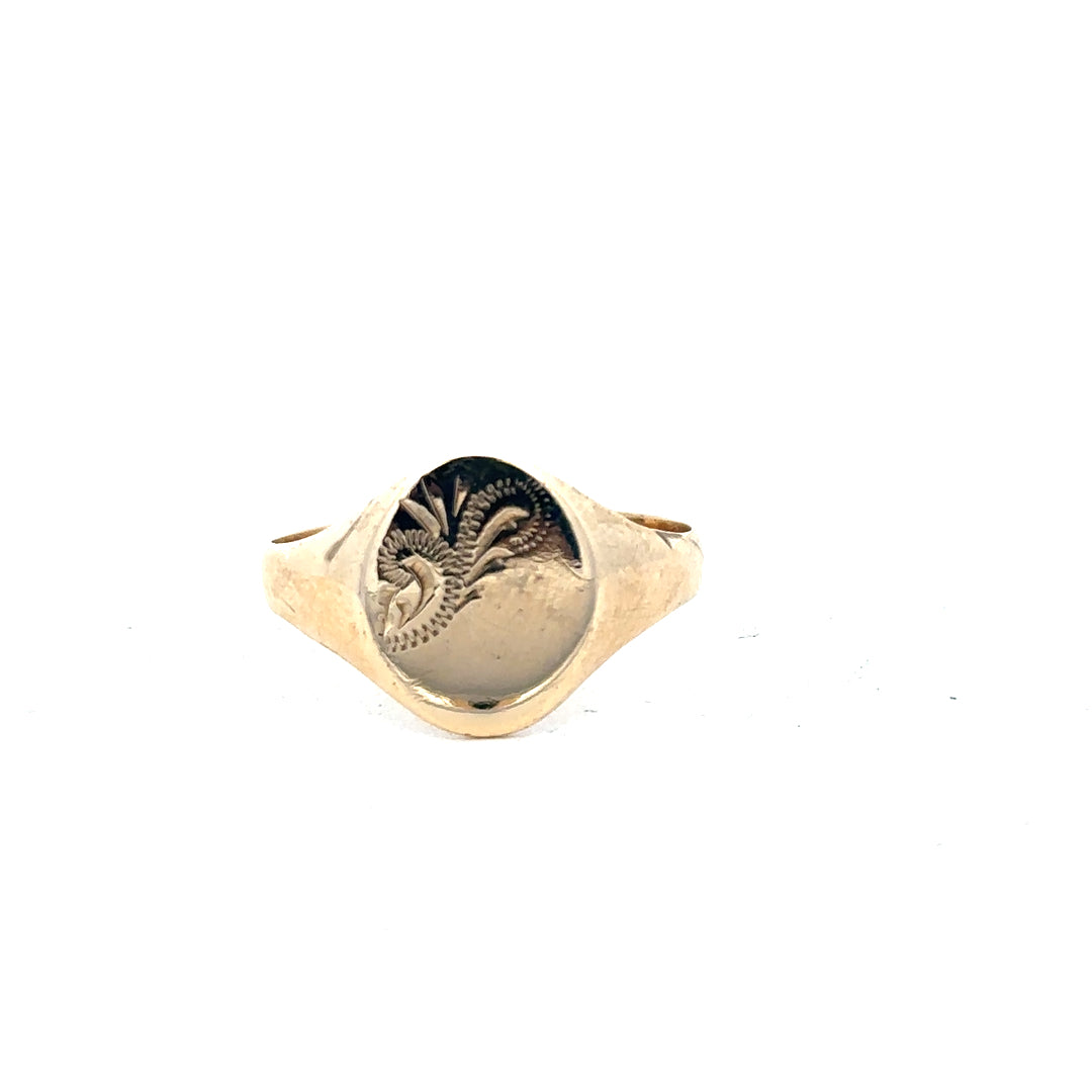 9ct yellow gold signet ring in size Y, featuring a smooth, polished finish and classic design.