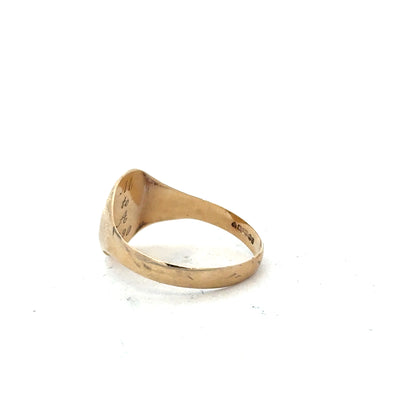 9ct yellow gold signet ring in size Y with a smooth polished surface, unbranded jewelry, close-up view.