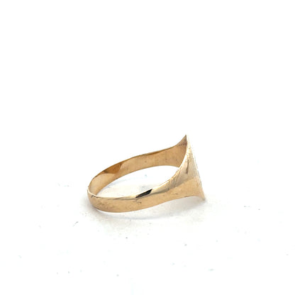 9ct yellow gold signet ring in size Y, unbranded, with a smooth polished surface and classic round face.