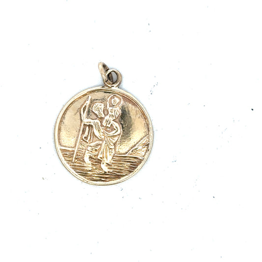 9ct yellow gold St. Christopher pendant, 5.7g, unbranded, detailed religious medal necklace accessory.