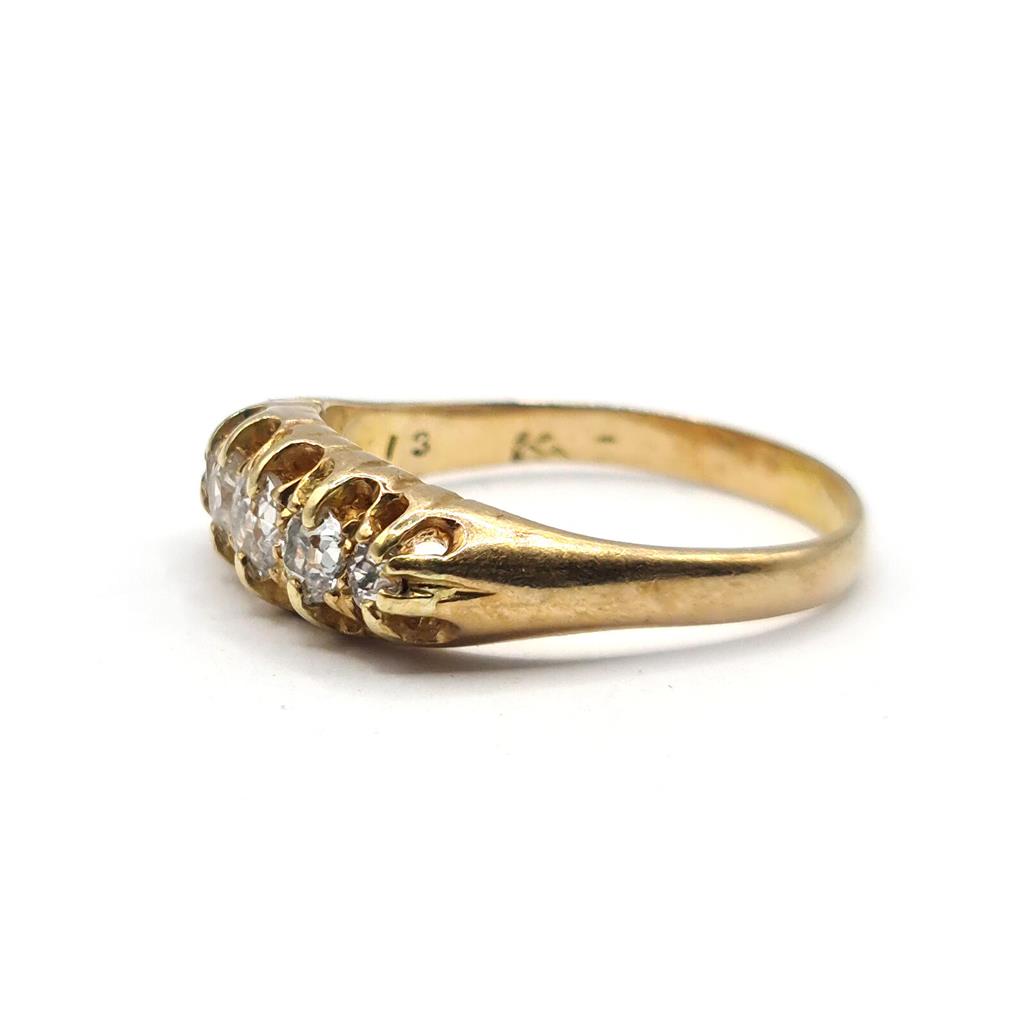 Antique 18ct yellow gold diamond ring with five old cut diamonds totaling 0.57 carats, vintage jewelry jewelry.