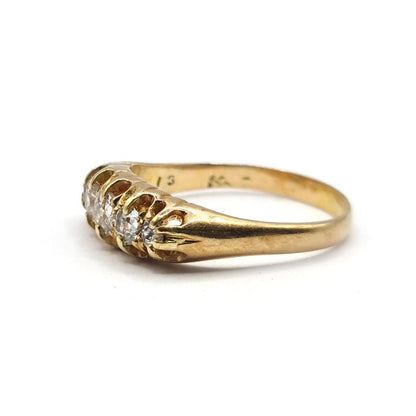 Antique 18ct yellow gold diamond ring with five old cut diamonds totaling 0.57 carats, vintage jewelry jewelry.