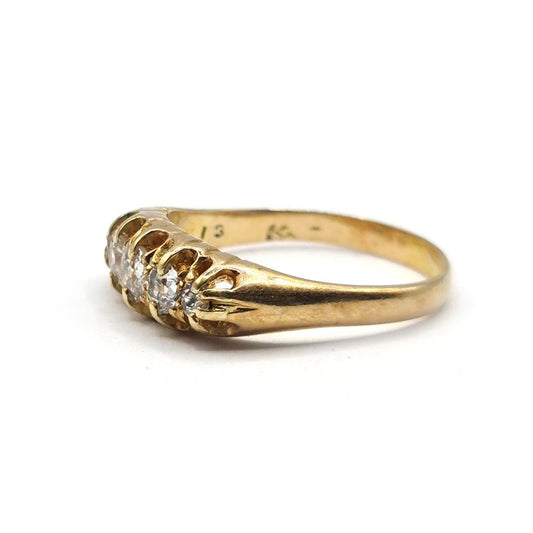 Antique 18ct yellow gold diamond ring with five old cut diamonds totaling 0.57 carats, vintage jewelry jewelry.