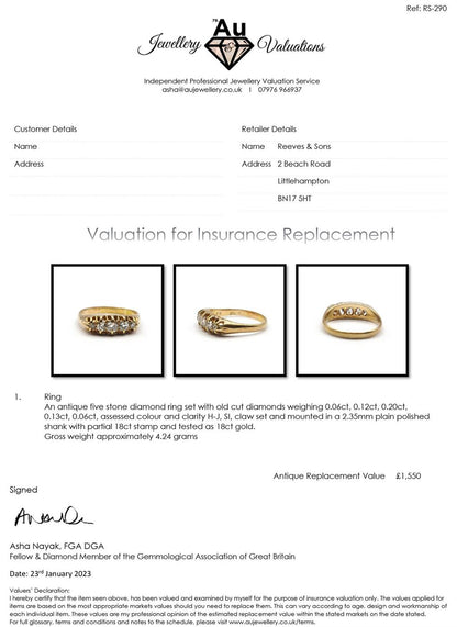 Antique 18ct yellow gold ring featuring five old cut diamonds totaling 0.57 carats, vintage jewelry design