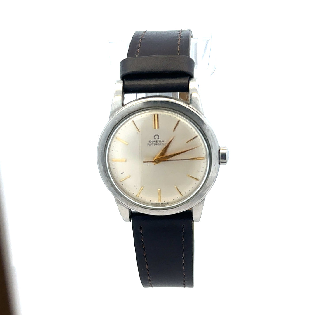 Unbranded Omega bumper automatic watch with black dial, silver case, and leather strap displaying time and classic design.