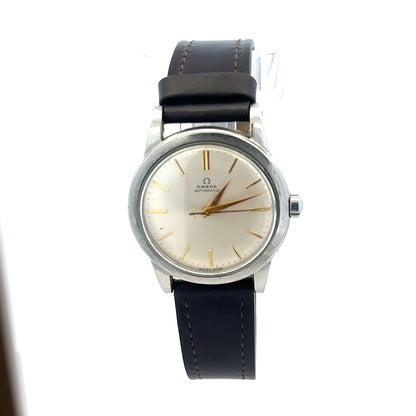 Unbranded Omega bumper automatic watch with black dial, silver case, and leather strap displaying time and classic design.
