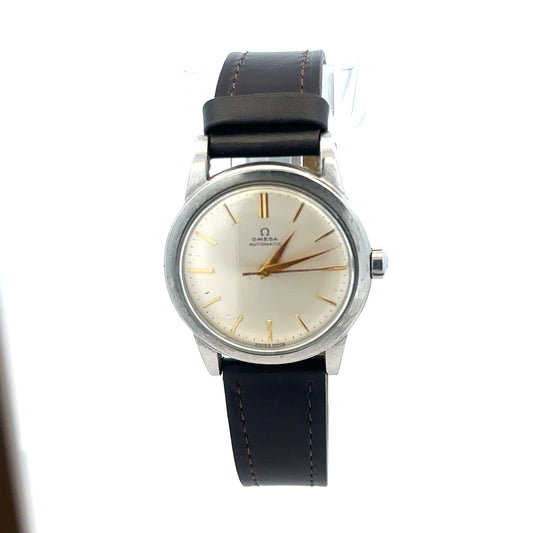 Unbranded Omega bumper automatic watch with black dial, silver case, and leather strap displaying time and classic design.