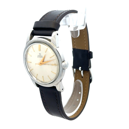 Unbranded Omega bumper automatic watch with black dial, silver case, and metal bracelet, displayed on a white background.