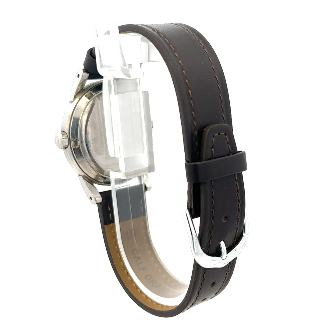 Unbranded Omega bumper automatic watch with black dial, silver case, and leather strap showing the watch face and classic design.