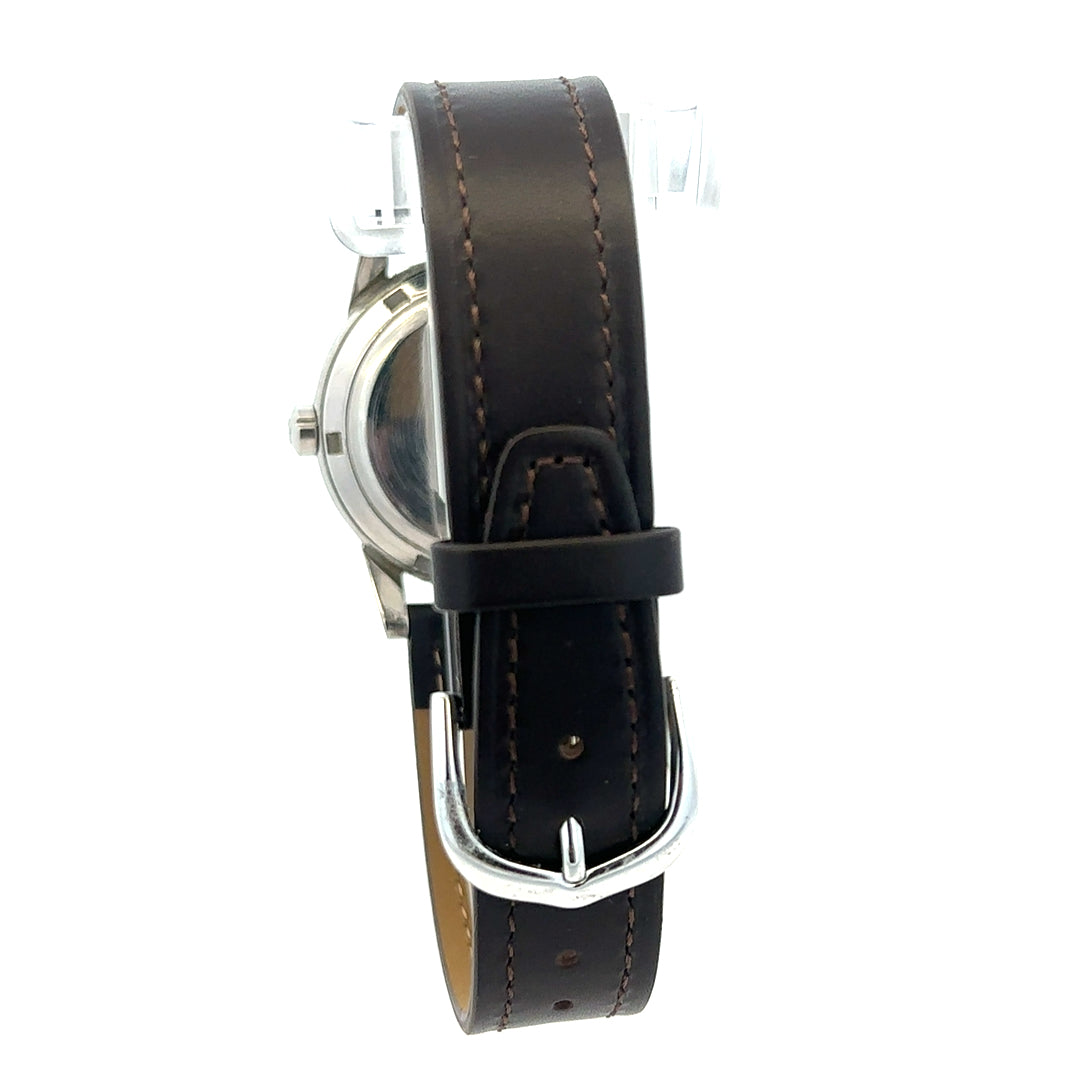 Unbranded Omega bumper automatic watch with black dial, silver case, and leather strap, showcasing classic vintage design.