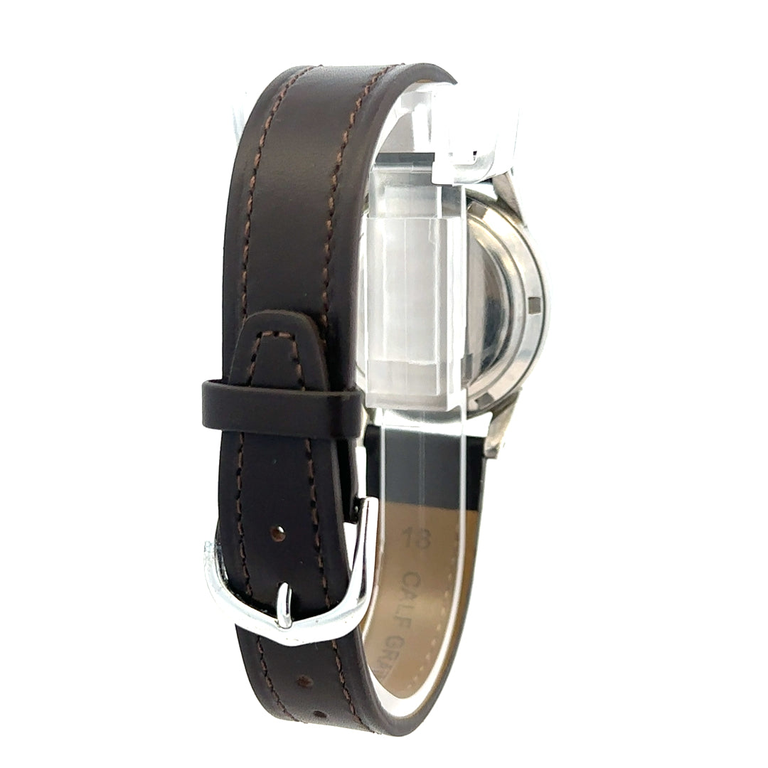 Unbranded Omega bumper automatic watch with black dial, silver case, and metal bracelet displaying time and classic design.