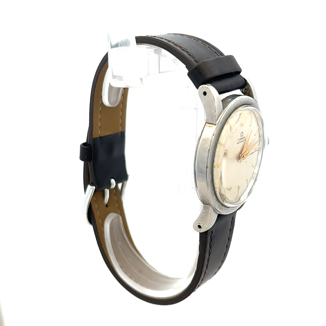 Unbranded Omega bumper automatic watch with black dial and silver case, featuring a classic design and date display.