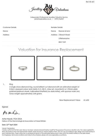 Platinum diamond solitaire ring with a 0.26 carat round-cut diamond on a sleek band