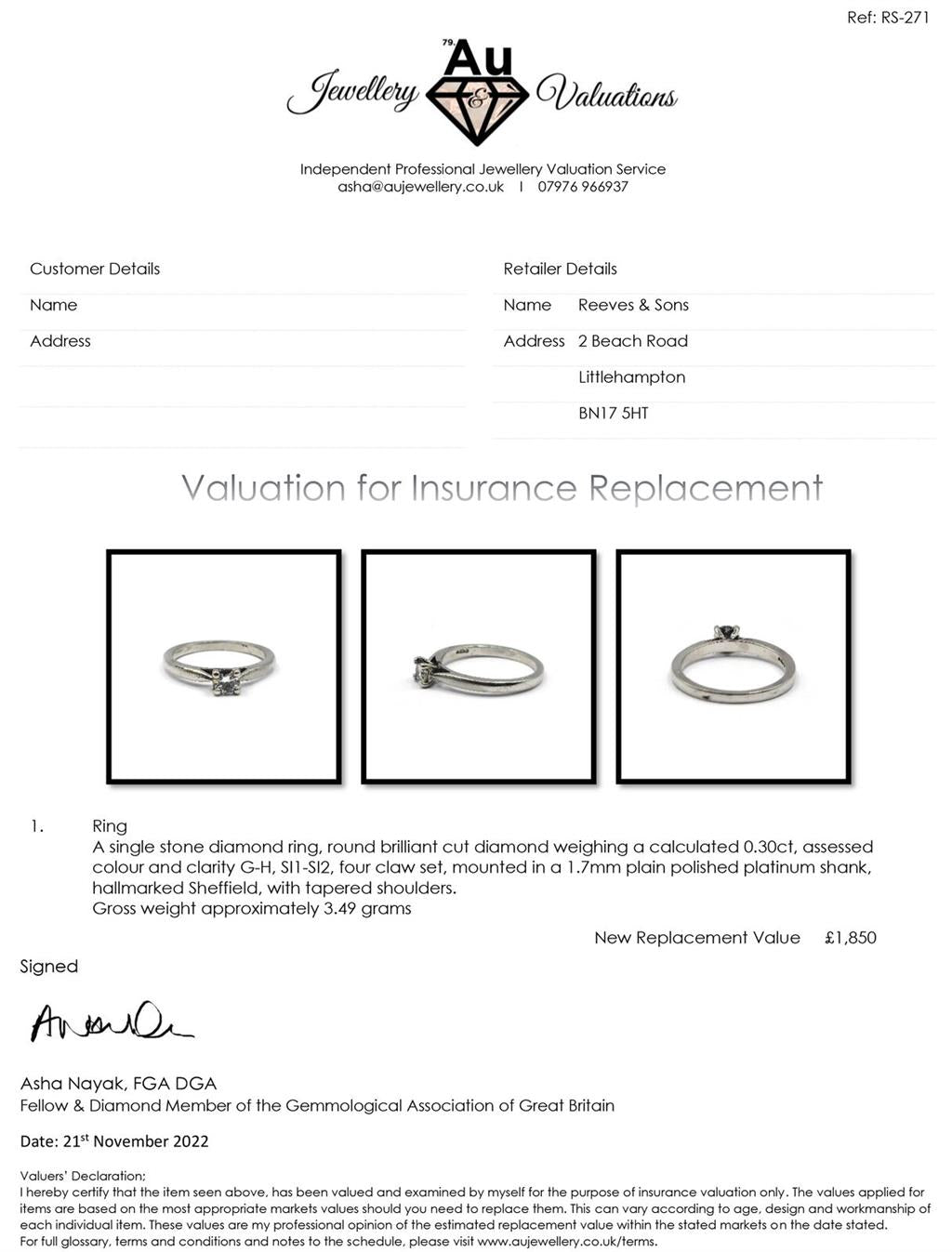 Platinum 0.30 carat solitaire brilliant cut diamond ring with a sleek band and sparkling central diamond.