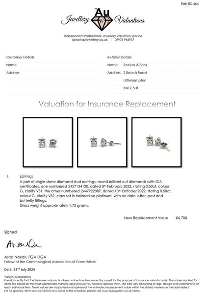 Platinum 1.00 carat GIA certified diamond stud earrings with Colour G and VS2 clarity, elegant jewelry with sparkling diamonds.