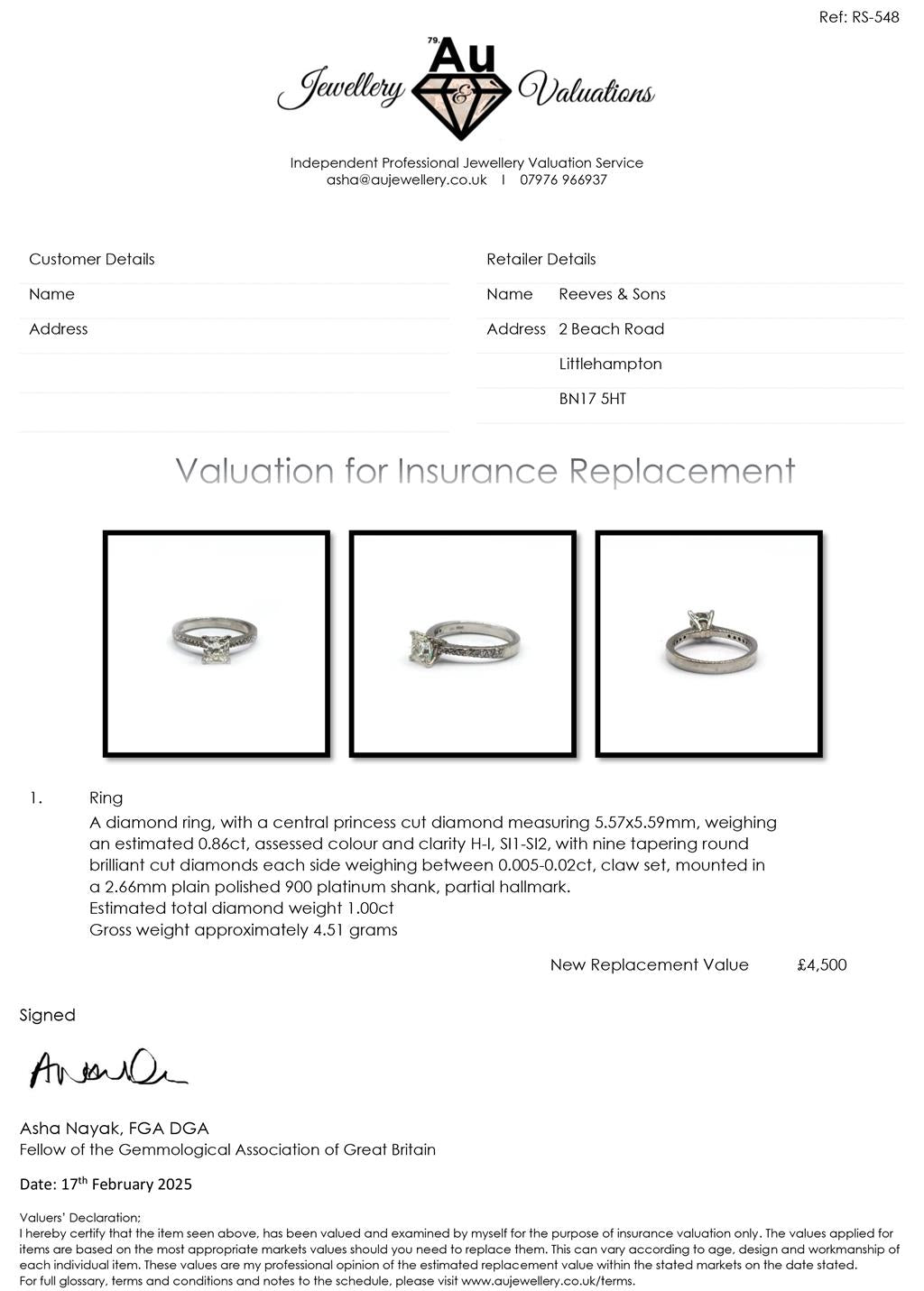 Platinum 1.00 carat princess cut diamond ring with a sleek band and sparkling central diamond on a plain background.