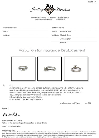 Platinum 1.00 carat princess cut diamond ring with a sleek band and sparkling central diamond on a plain background.