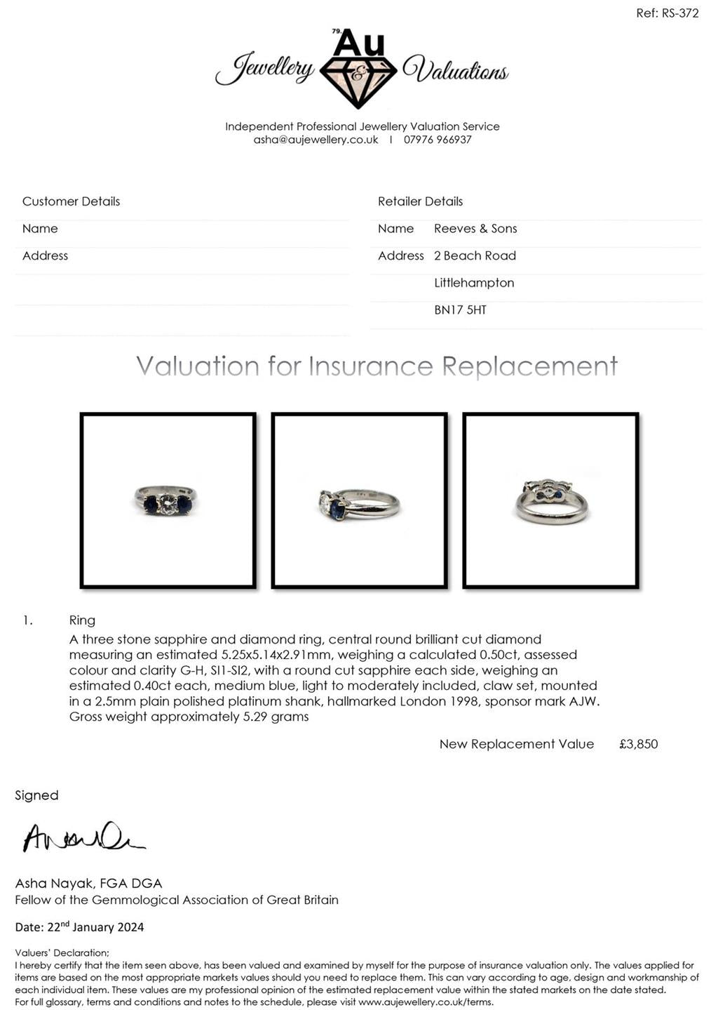 Platinum ring with 1/2 carat diamond and 0.80 carat sapphire, featuring a sleek, elegant design.