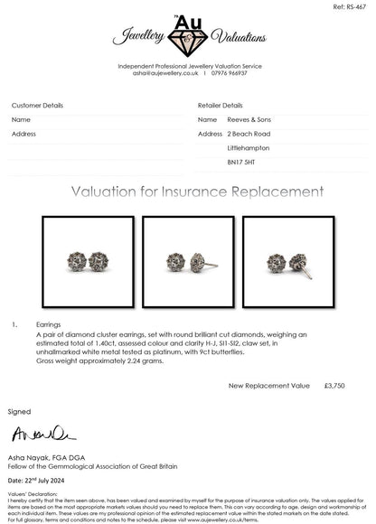 Platinum 1.40-carat diamond stud earrings with sparkling round diamonds set in a classic stud design.