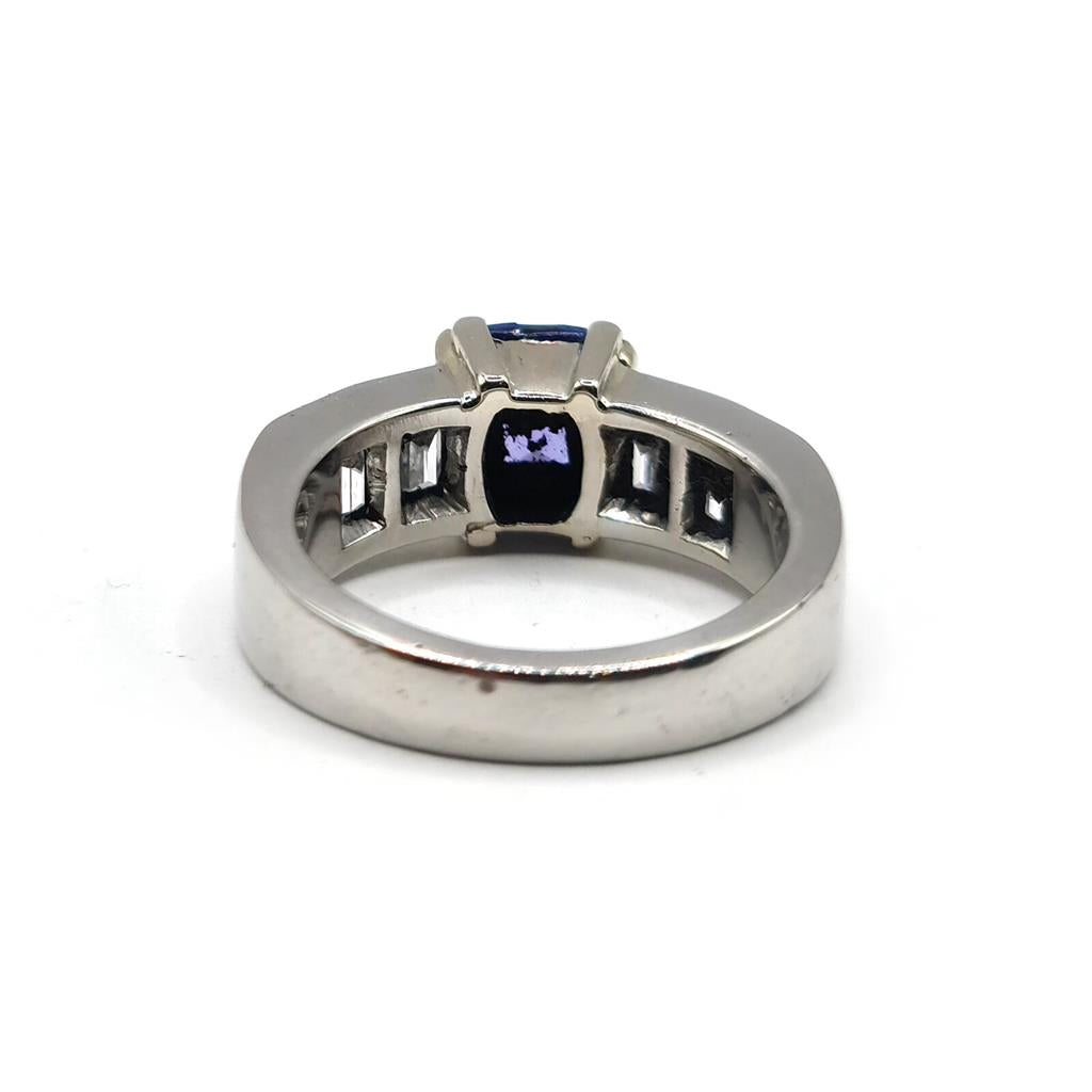 Platinum ring featuring a 1.79 carat tanzanite gemstone and 1.60 carat diamonds, showcasing an elegant jewelry design.