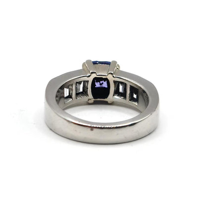 Platinum ring featuring a 1.79 carat tanzanite gemstone and 1.60 carat diamonds, showcasing an elegant jewelry design.