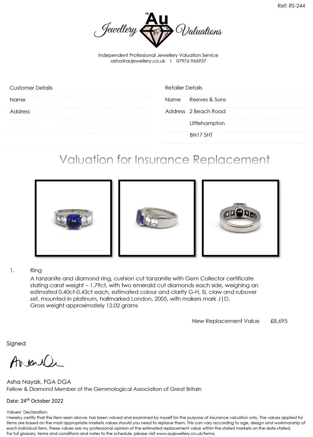 Platinum ring with 1.79 carat tanzanite gemstone and 1.60 carat diamonds, showcasing a luxurious jewelry design.