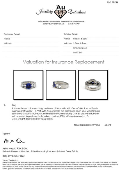 Platinum ring with 1.79 carat tanzanite gemstone and 1.60 carat diamonds, showcasing a luxurious jewelry design.