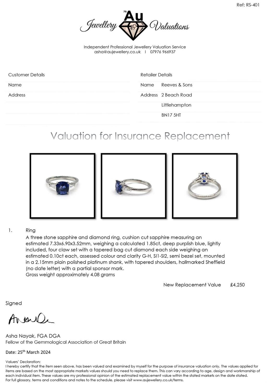 Platinum ring with 1.85 carat sapphire and 0.20 carat diamond accents, showcasing elegant gemstone setting and fine craftsmanship.