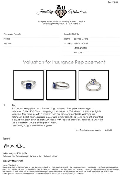 Platinum ring with 1.85 carat sapphire and 0.20 carat diamond accents, showcasing elegant gemstone setting and fine craftsmanship.